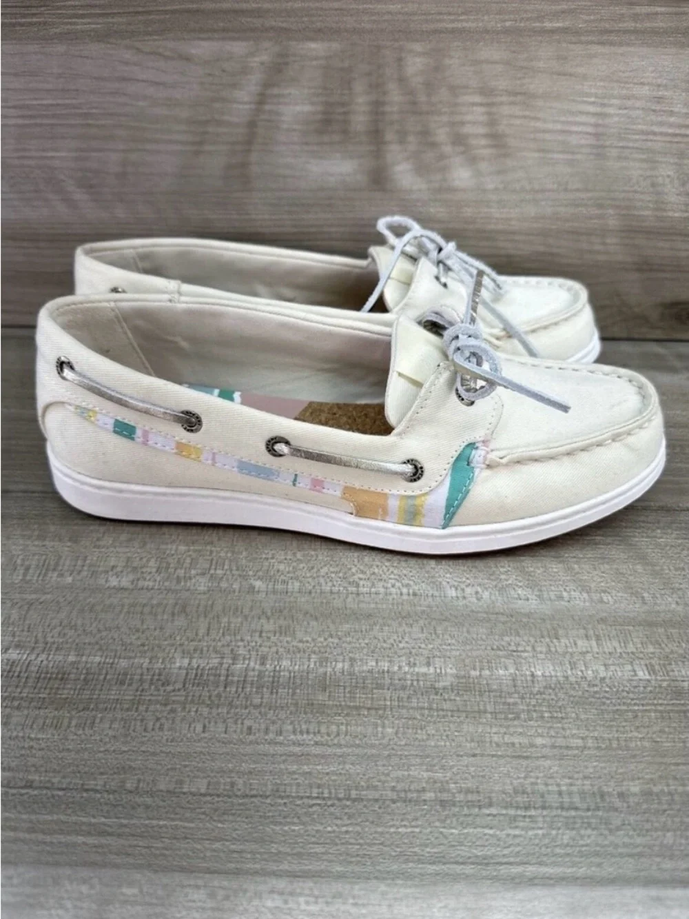 Sperry Cream Canvas Boat Shoes with Pastel Accent